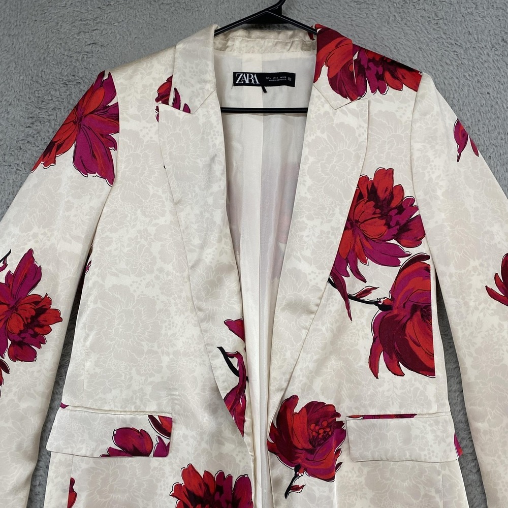 Zara Floral‎ Print Satin Effect Blazer Womens Large Cream Pink Open Front Jacket - Picture 4 of 14
